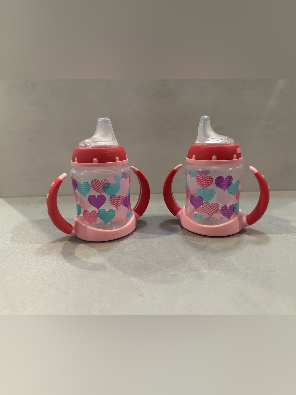 Set Of 2 NUK Learner Bottle Sippy Active Cup Baby Feeding 5oz Hearts Pink Handle